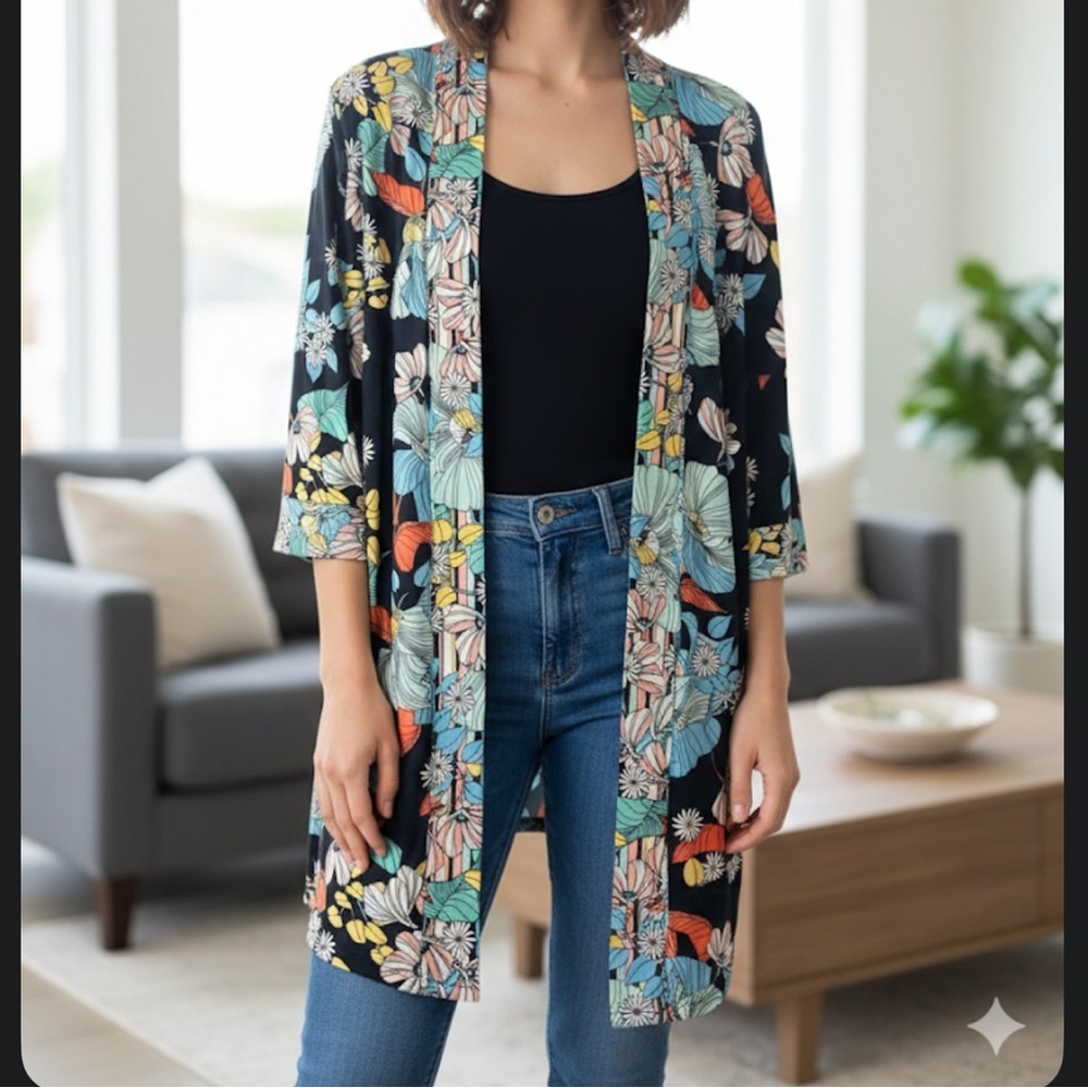 R&M Richards Floral Open Front Light Jacket Cardigan w/ Shoulder Pads Size 18